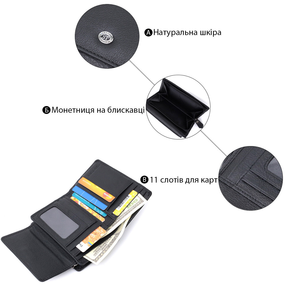 Практичний гаманець із монетницею з натуральної шкіри ST Leather 22740 Чорний Київ - фото 4