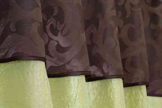 Кухонные шторы VR-Textil № 073к с ламбрекеном и подхватами салатовый с коричневым 270х170 см (52-0159) Киев