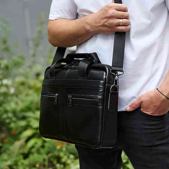 Чоловіча шкіряна ділова сумка портфель для ноутбука і документів Tiding Bag чорна Київ