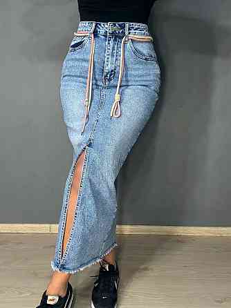 Женская юбка джинсовая Vanver 2032 длинная прямая с разрезом и поясом стрейчевая голубая, голубой, 30, 30, 82 см, 106 см Киев