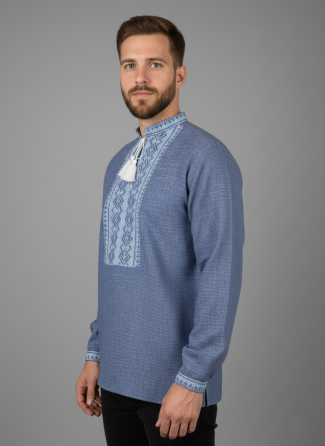 Класична чоловіча сорочка  із коміром стійкою в синьому кольорі Київ