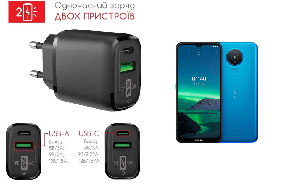 Сетевое зарядное устройство для Nokia 1.4, 20W 3A, Quick Charge 3.0 Киев - изображение 1
