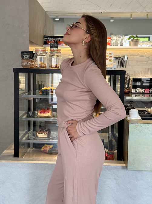 Женский костюм в рубчик с широкими штанами Бежевый M/L Харьков - изображение 7