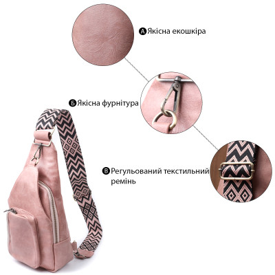 Сумка Vintage Женская с акцентом на текстильную лямку из гладкой экокожи Розовая (22772) Винница - изображение 8