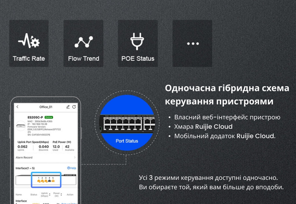 Комутатор Ruijie Reyee RG-ES209GC-P (8xGE PoE+, 1xGE, max PoE 120W, робочий стіл, стельовий номер, Ruijie Харків - фото 8