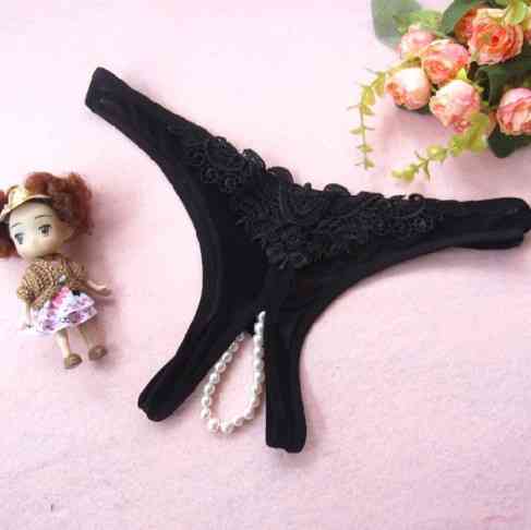 Трусики з розрізом та бусинками чорні - розмір 40, резинка до 74см Київ