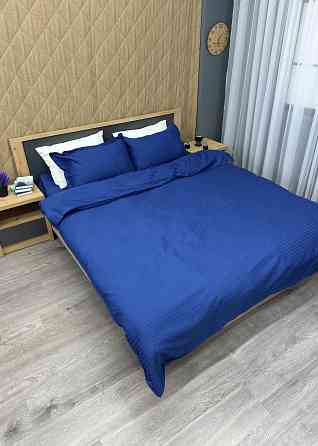 Комплект постельного белья Страйп-сатин Двуспальный 180х220 с простыней на резинке Синий (88-090) Киев
