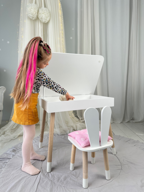 Дитячий столик з відкидним верхом 54х60х45 і стільчик зайчик 26х26х24, стіл та стілець для дітей до 7 років, білий Київ - фото 3