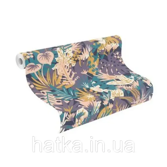 Шпалери вінілові на флізеліні Rasch Clasik 0,53х10 квіти листя гілки яскраві бузкові бірюзові жовті Київ