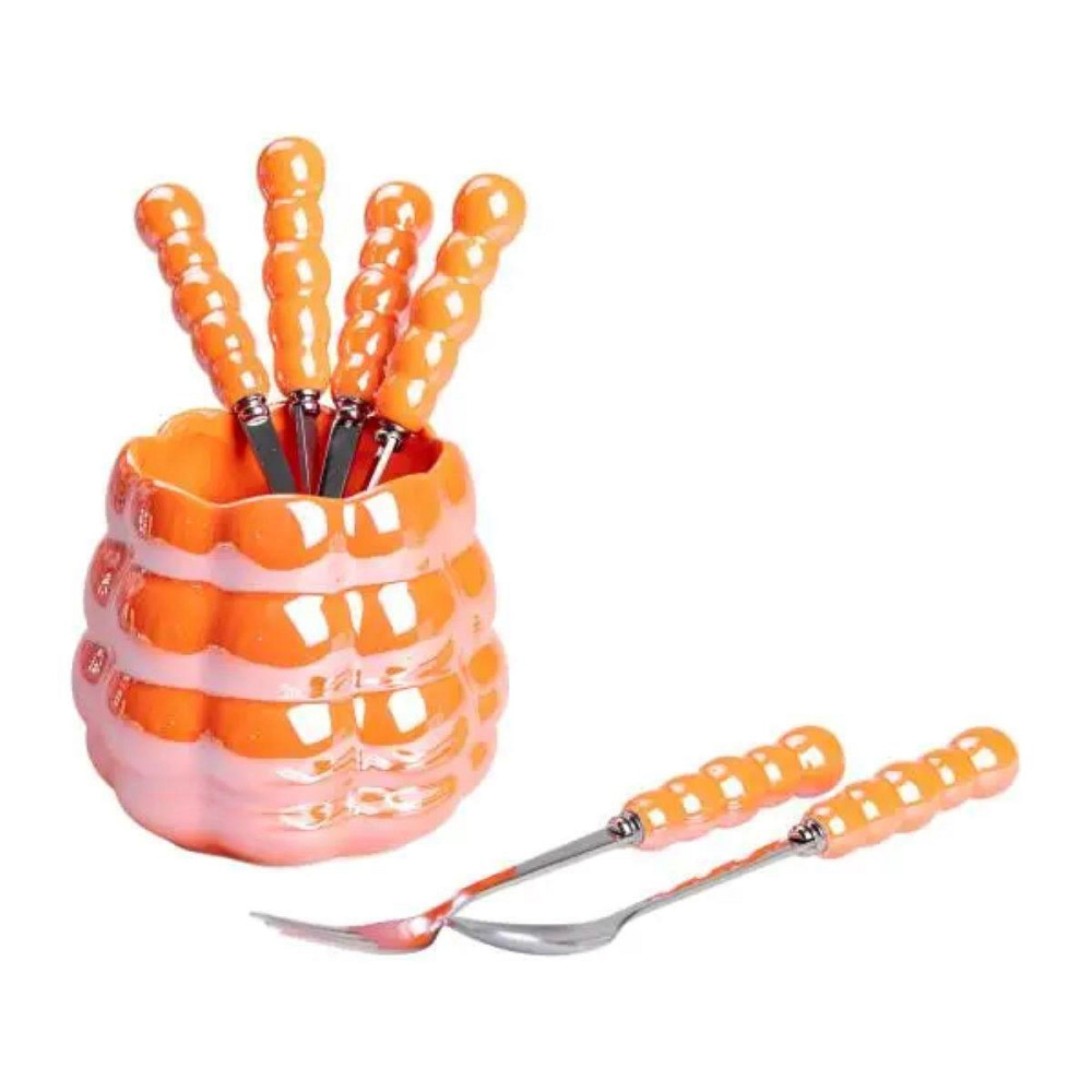 Набор десертных вилок и ложек на 3 персоны с подставкой из фарфора 7 предметов Оранжевый HP-20-60 Киев - изображение 3