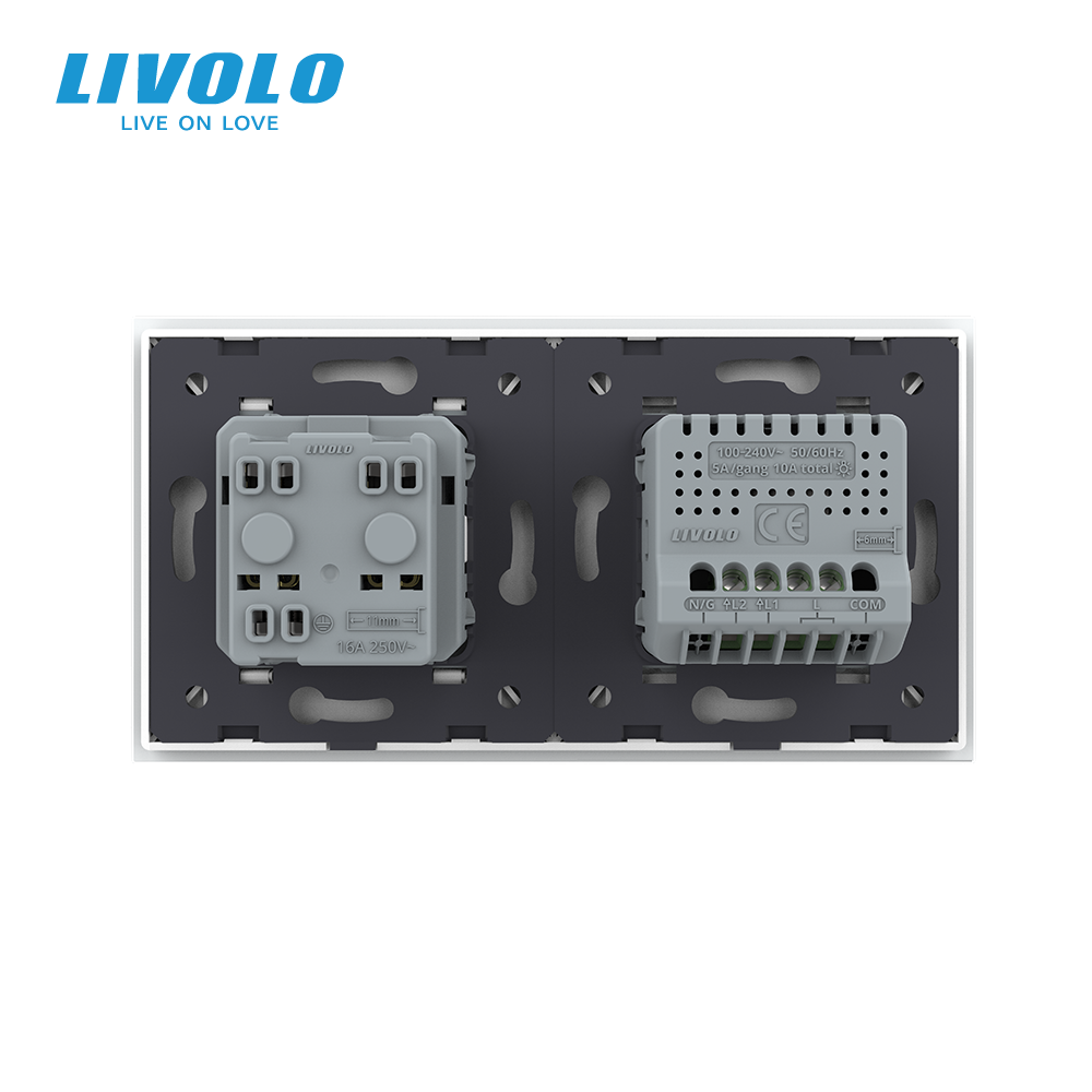 Сенсорний вимикач + подвійна розетка вологозахисна з кришкою IP44, з заземленням, біла скляна рамка, шторки, LIVOLO (VL-C702/C7C1EUWF-11) Коломия - фото 3