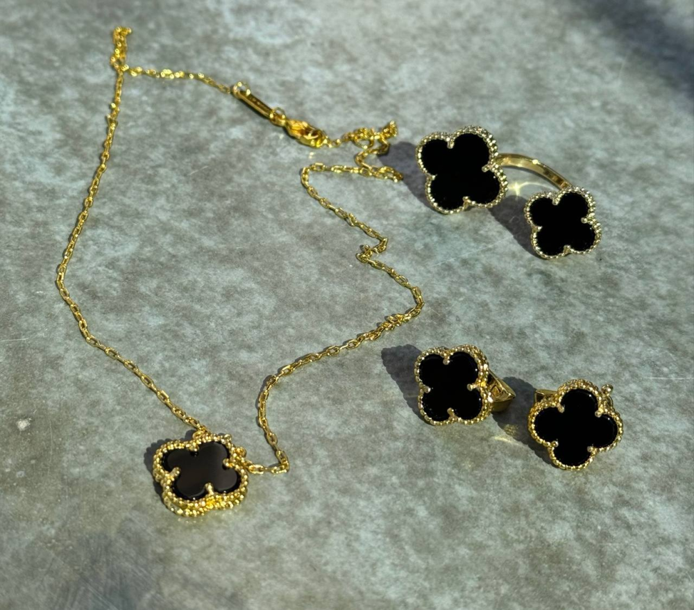 Van Cleef набір 3 предмети /сережки, підвіска, кільце / чорний під онікс / лимонне золото AU 750 / проба, гравіювання Одеса - фото 7