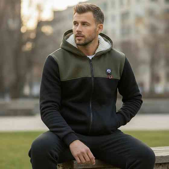 Чоловічий теплий костюм на флісі з хутром Чорний-хакі 56/58 Харків