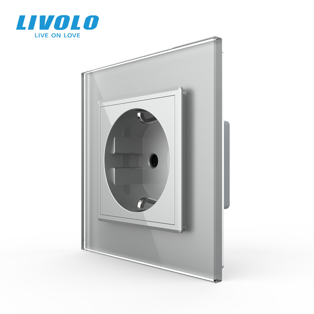 Електрична розетка з заземленням LIVOLO, сіра, скляна рамка, шторки, 250В 16А (VL-C7C1EU-15) Коломыя - изображение 1