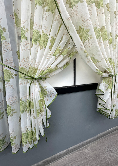 Кухонные шторки VR-Textil № 101к с подвязками Белый с салатовым 320х170 см (52-1210) Киев - изображение 3