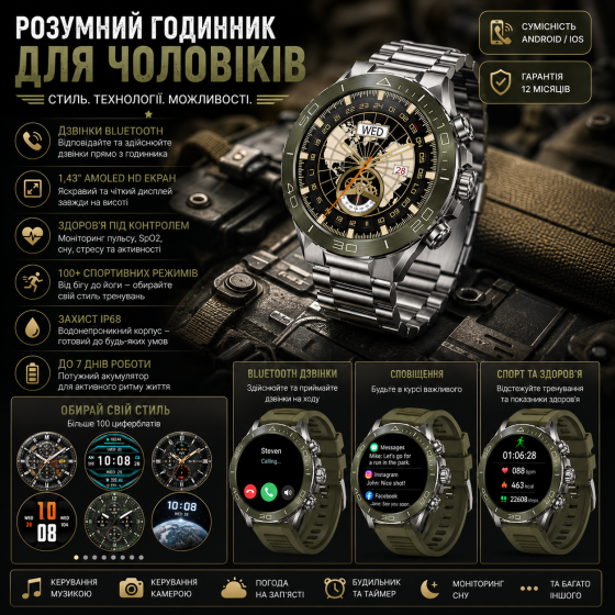 Мужские тактические смарт-часы Kesasoxe с AMOLED экраном водонепроницаемые армейские умные часы с вызовами Киев