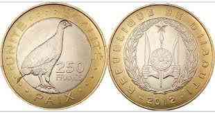 250 Фросів. Джибути. Птах Турач. 2012 рік. UNC Полтава