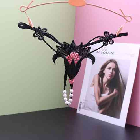 Еротичні труси з перлами чорні "Квітка" - розмір універсальний, (на резинці) Київ