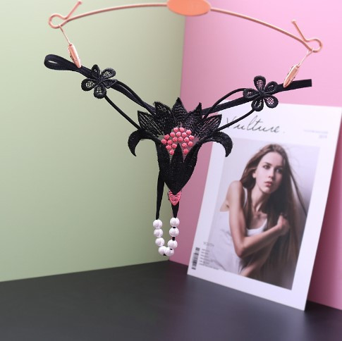 Еротичні труси з перлами чорні "Квітка" - розмір універсальний, (на резинці) Київ - фото 1