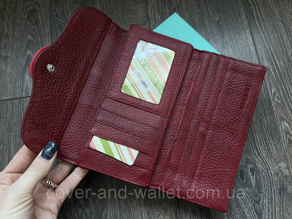 Бордовый женский кошелек из натуральной кожи с пряжкой Guxilai Киев - изображение 19