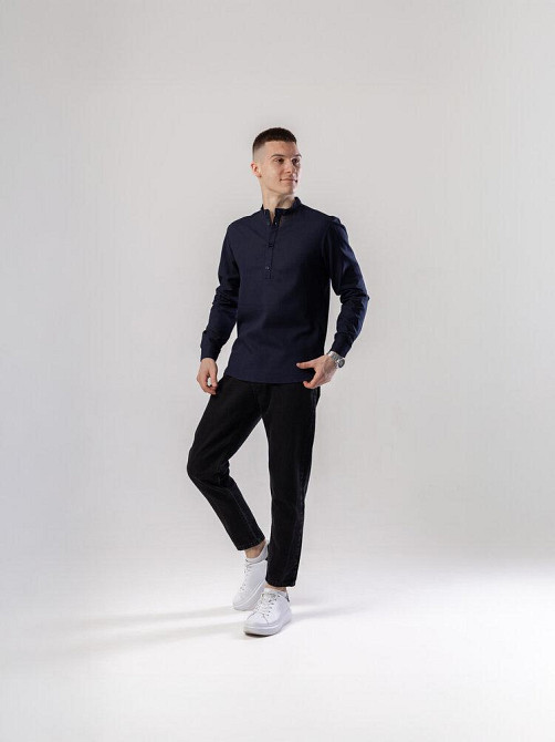 Рубашка из льна мужская синяя однотонная синяя. Рубашка casual на пуговицах синяя Pobedov Exlnt Киев - изображение 7