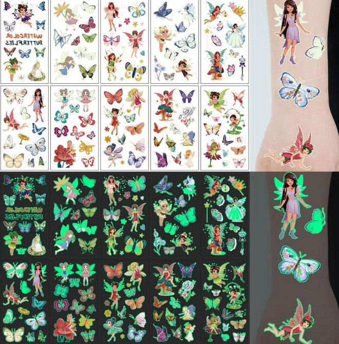 Набор из 10 световых тату-наклеек «Феи и бабочки» | 110 ярких детских татуировок, светящихся в темноте Киев - изображение 4
