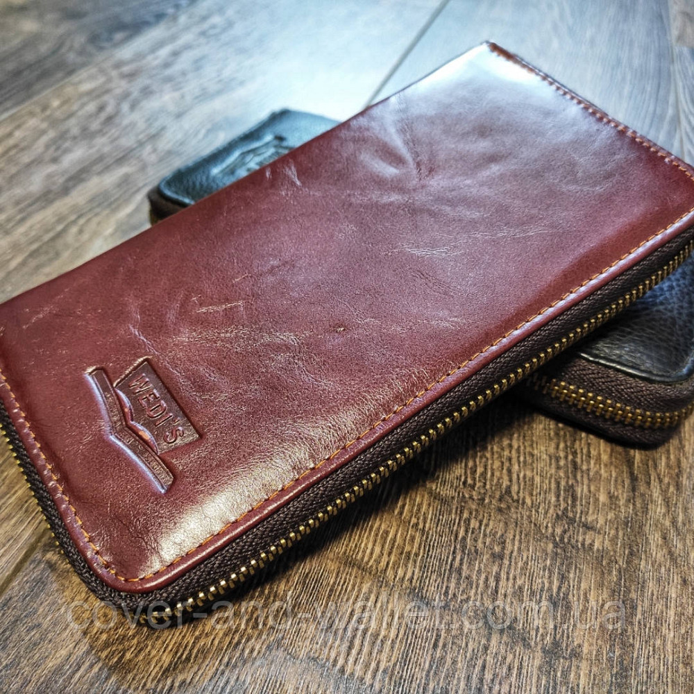 Стильний чоловічий шкіряний гаманець на одну блискавку бордового кольору Wedis Київ - фото 5