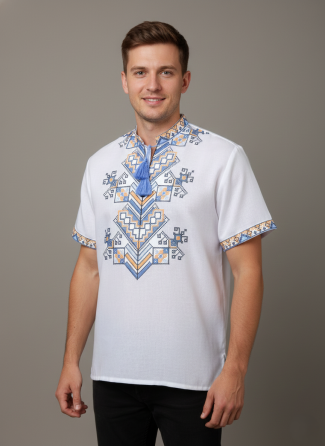 Чоловіча вишиванка на білому домотканому полотні на короткий рукав. Київ
