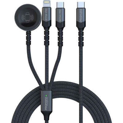 Дата кабель USB-C to Lightning 27W + USB-C 60W + Apple Watch 2.5W 1.5m icharge trio black Promate (icharge-trio.black) Вінниця - фото 1