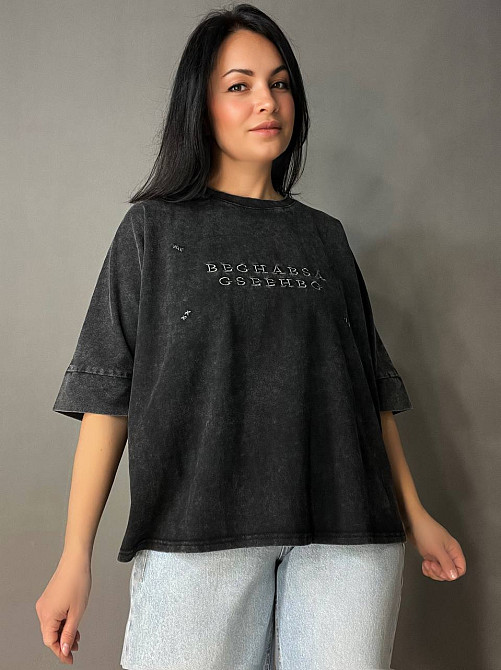 Футболка женская A-N 26028 тай-дай оверсайз с вышивкой, черный, one size Киев - изображение 10