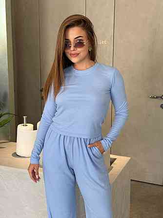 Женский костюм в рубчик с широкими штанами Голубой M/L Харьков