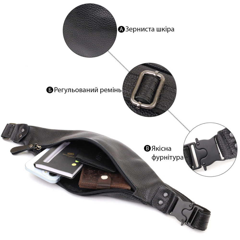 Удобная сумка бананка для мужчин из зернистой натуральной кожи Shvigel 23136 Черный Киев - изображение 4