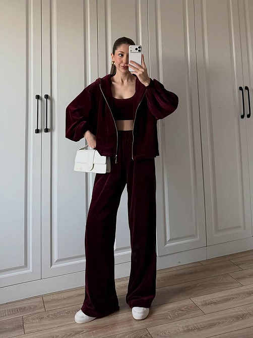 Жіночий стильний костюм-трійка: кофта топ і штани з турецького плюшевого велюру Бургунді, 42/44 Одеса - фото 2