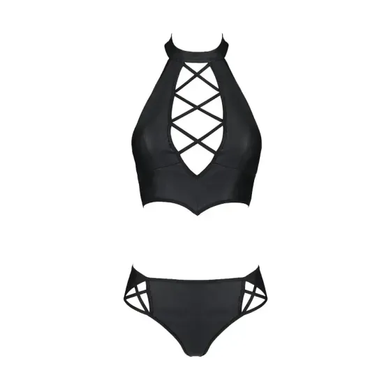 Комплект з екошкіри Passion NANACY BIKINI 4XL/5XL black, бра та трусики з імітацією шнурівки Львів
