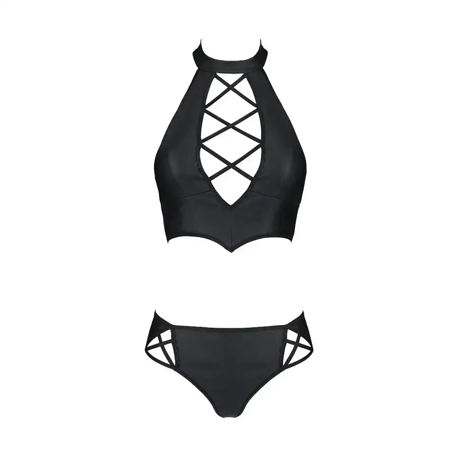 Комплект з екошкіри Passion NANACY BIKINI 4XL/5XL black, бра та трусики з імітацією шнурівки Львів - фото 3