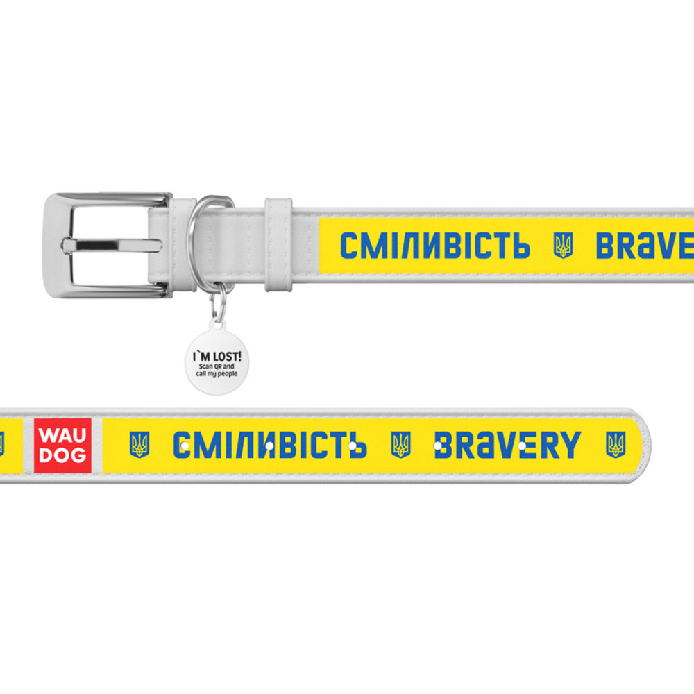 Нашийник для собак шкіряний WAUDOG Design з QR паспортом, малюнок "Сміливість", XL, Ш 35 мм, Дов 46-59 см, білий Київ - фото 3