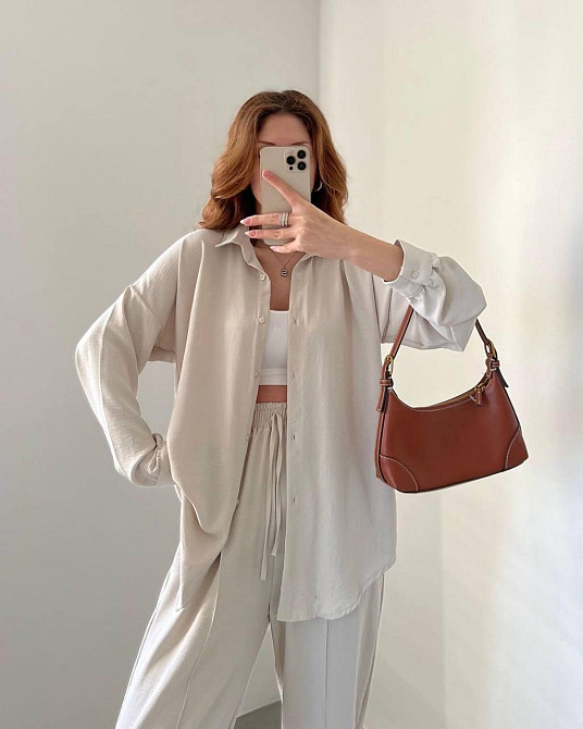 Женский легкий брючный костюм двойка: рубашка и брюки американский креп Беж, 44/46 Одесса - изображение 3