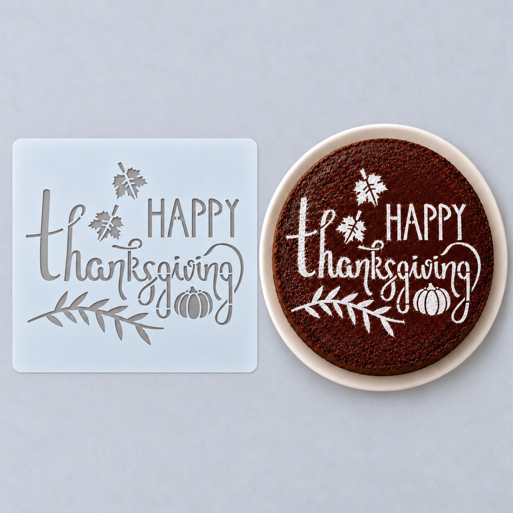 Трафарет на Хелловін з написом Happy Thanksgiving гарбузом та осіннім листям для декорування торта Київ - фото 2