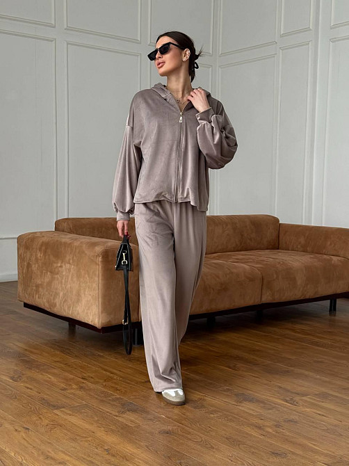 Жіночий повсякденний костюм-трійка: кофта, топ і штани велюр Бежевий, 48/52 Одеса - фото 7