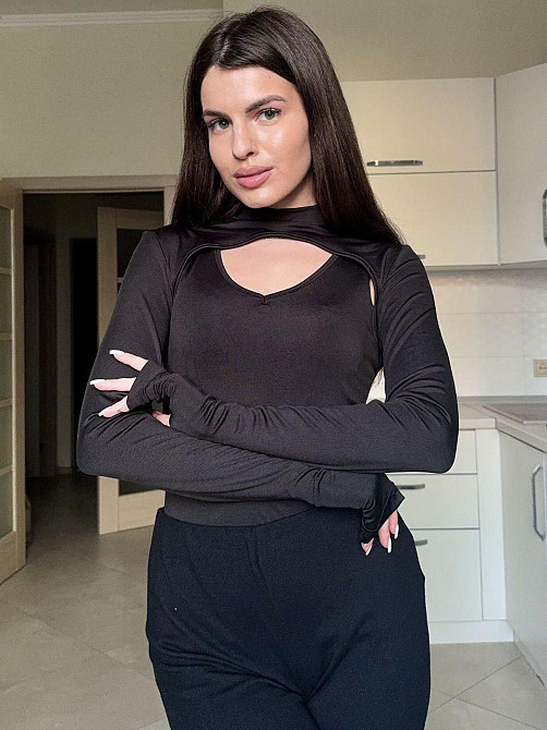 Женский стильный боди - двойка: боди и топ с длинным рукавом под горло микродайвинг Черный, 46/48 Одесса - изображение 1