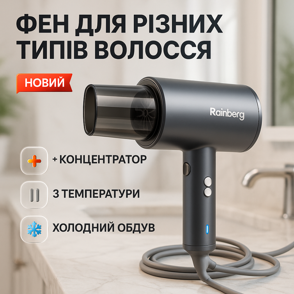 Фен с холодным воздухом для укладки Rainberg, Фен для волос профессиональный 2 скорости UH-78 Львов - изображение 9