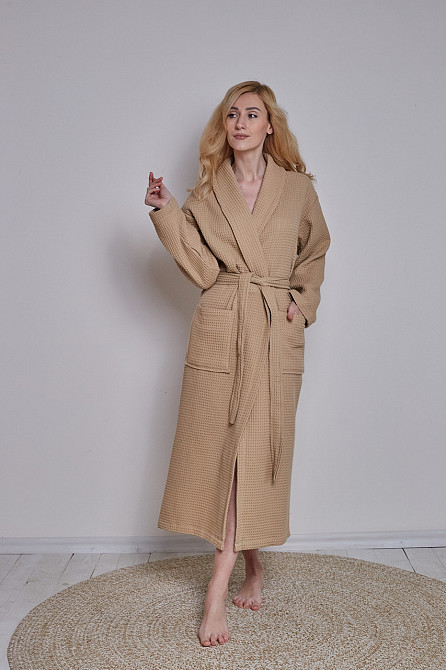 Женский вафельный халат Ideal Textile длинный бежевый (56860639) 3XL Черновцы - изображение 3