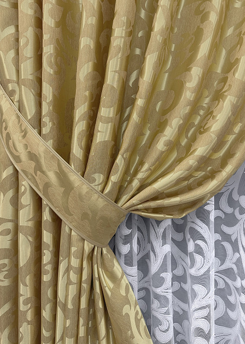 Комплект штор VR-Textil Жакард Вензель 100х270 2шт і Тюль 300х270 091ш-1147т Золотистий з білим 71-097/1 Київ - фото 4
