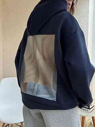 Жіноче стильне оверсайз худі з турецької тринитки на флісі Темно-синій Одеса