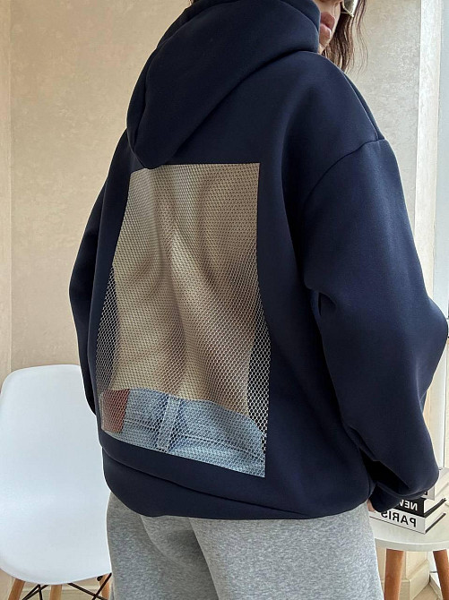 Женское стильное оверсайз худи из турецкой тринитки на флисе Темно-синий Одесса - изображение 2