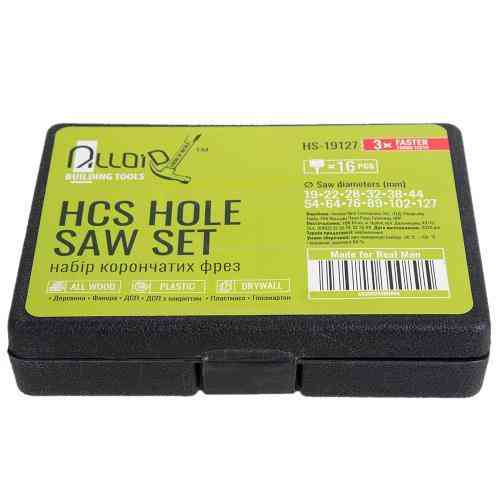 Набір корончастих фрез по дереву 16 предм (19,22,28,32,38,44,54,64,76,89,102,127мм) Alloid Одеса