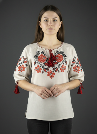 Вишита жіноча сорочка з квітковим орнаментом Троянди червоні 44 Київ