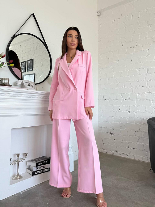 Женский классический брючный костюм двойка: пиджак и брюки креп-костюмка Розовый, 46/48 Одесса - изображение 1