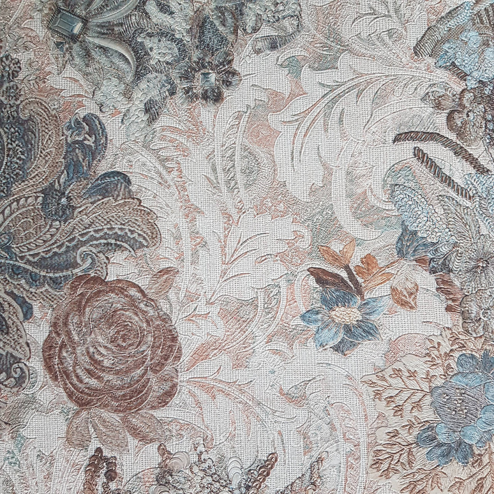 Шпалери метрові вінілові на флізелін Yuanlong Samsara бароко квіти вензель бірюзові коричневі на бежевому Київ - фото 4