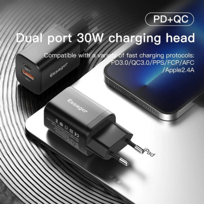 Зарядний пристрій Essager 1xUSB + 1xUSB-C PD30W black (ECTPQS-ZTB01) Вінниця - фото 3